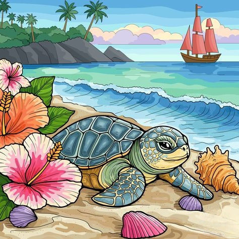 Colorful A Turtle On A Beach With Flowers, Shells, And A Sailboat