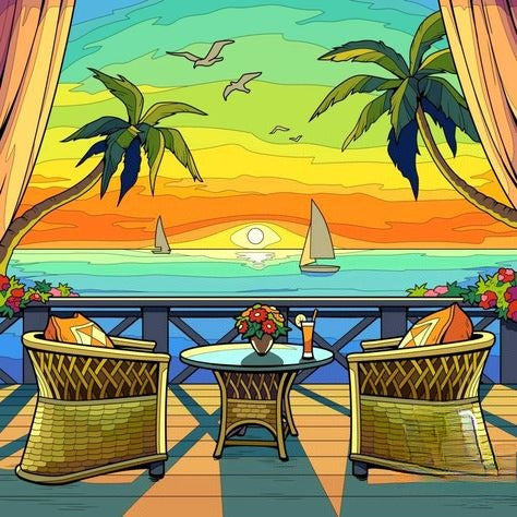 Colorful A  Beach Scene With A Table And Chairs