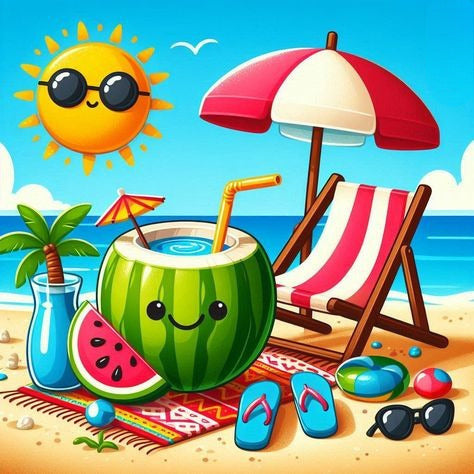 Cartoon Beach Scene With Coconut, Watermelon, And Sun