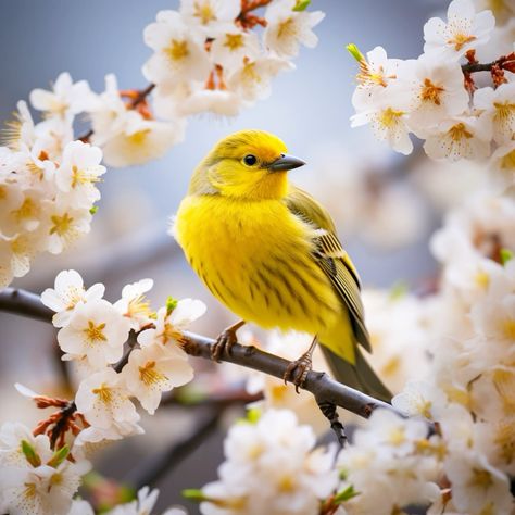 Yellow Bird Perched On A Branch Among White Flowers