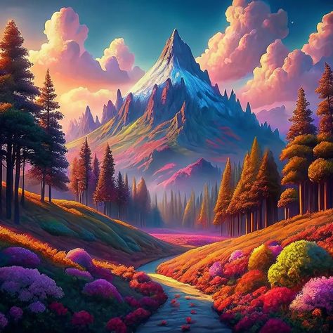 Colorful Mountain Landscape With Trees And Flowers