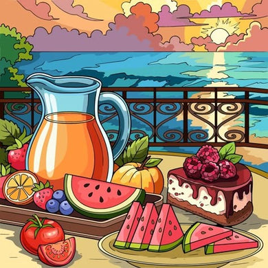 A Table With Fruits, A Pitcher Of Juice, And A Cake