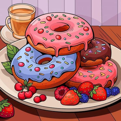 Colorful Donuts With Berries And A Cup Of Tea On A Plate