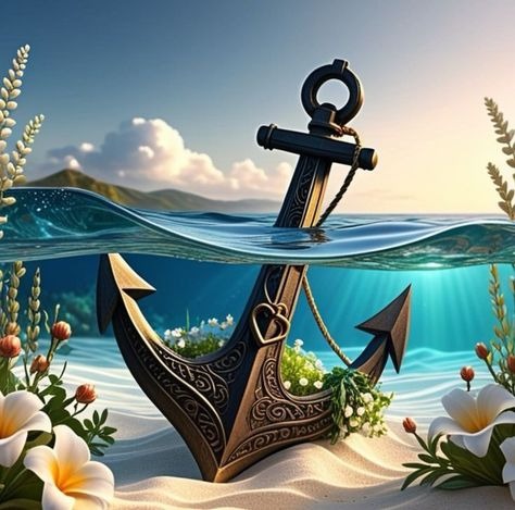 Decorative Anchor In Water With Flowers And Plants