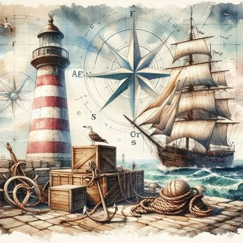 Nautical Scene With Lighthouse, Ship, Compass, And Seagull