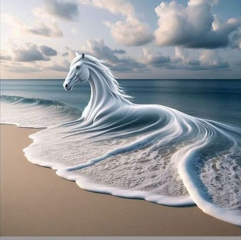 White Horse Emerging From Ocean Waves Cloudy Sky