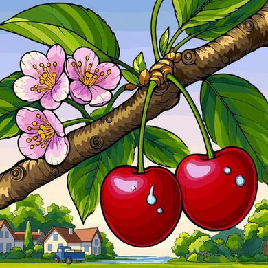 Cherries On A Tree Branch With Flowers