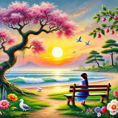 Woman Sitting On A Bench By A Cherry Blossom Tree