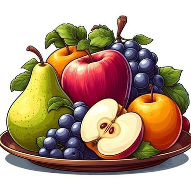 A Plate With Fruits Including Apples, Grapes, And A Pear