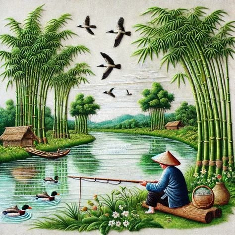 Traditional Chinese Fisherman On A Bamboo Raft