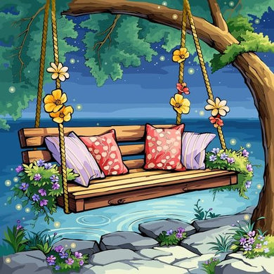 Wooden Swing With Colorful Pillows Hanging