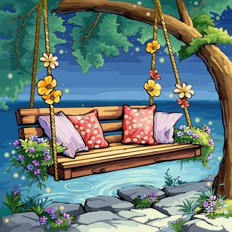 Wooden Swing With Colorful Pillows Hanging
