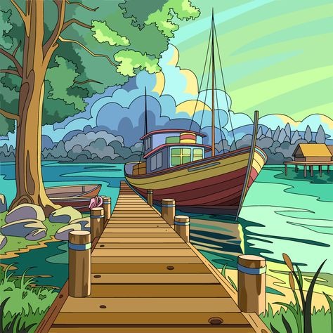 Colorful A Dock With A Boat On A Lake, Surrounded