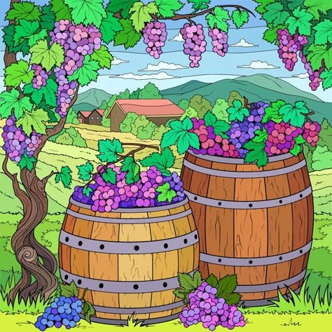 Cartoon Wine Barrels And Grapevines