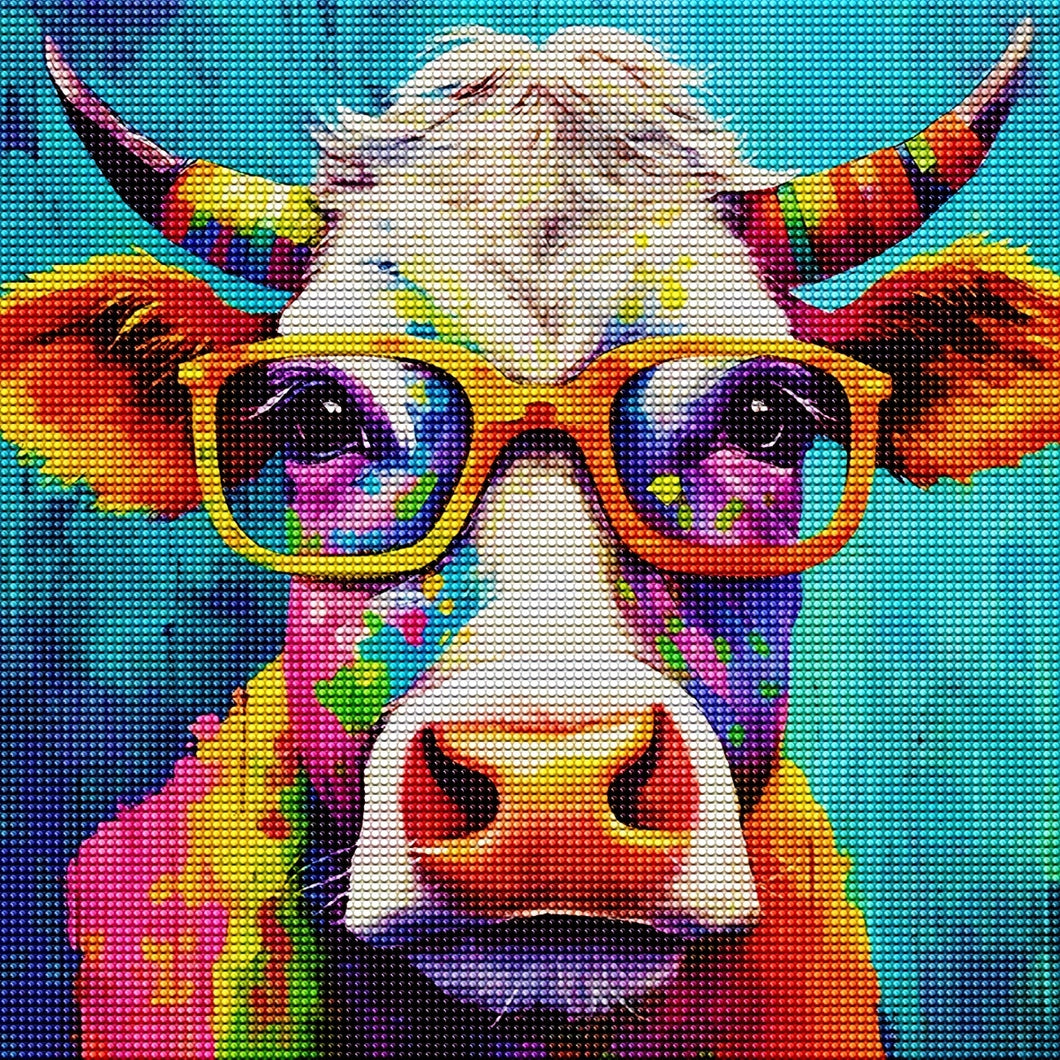 5D Colorful Cow Diamond Art Kit, The Cow With The Glasses 11.8x11.8inch