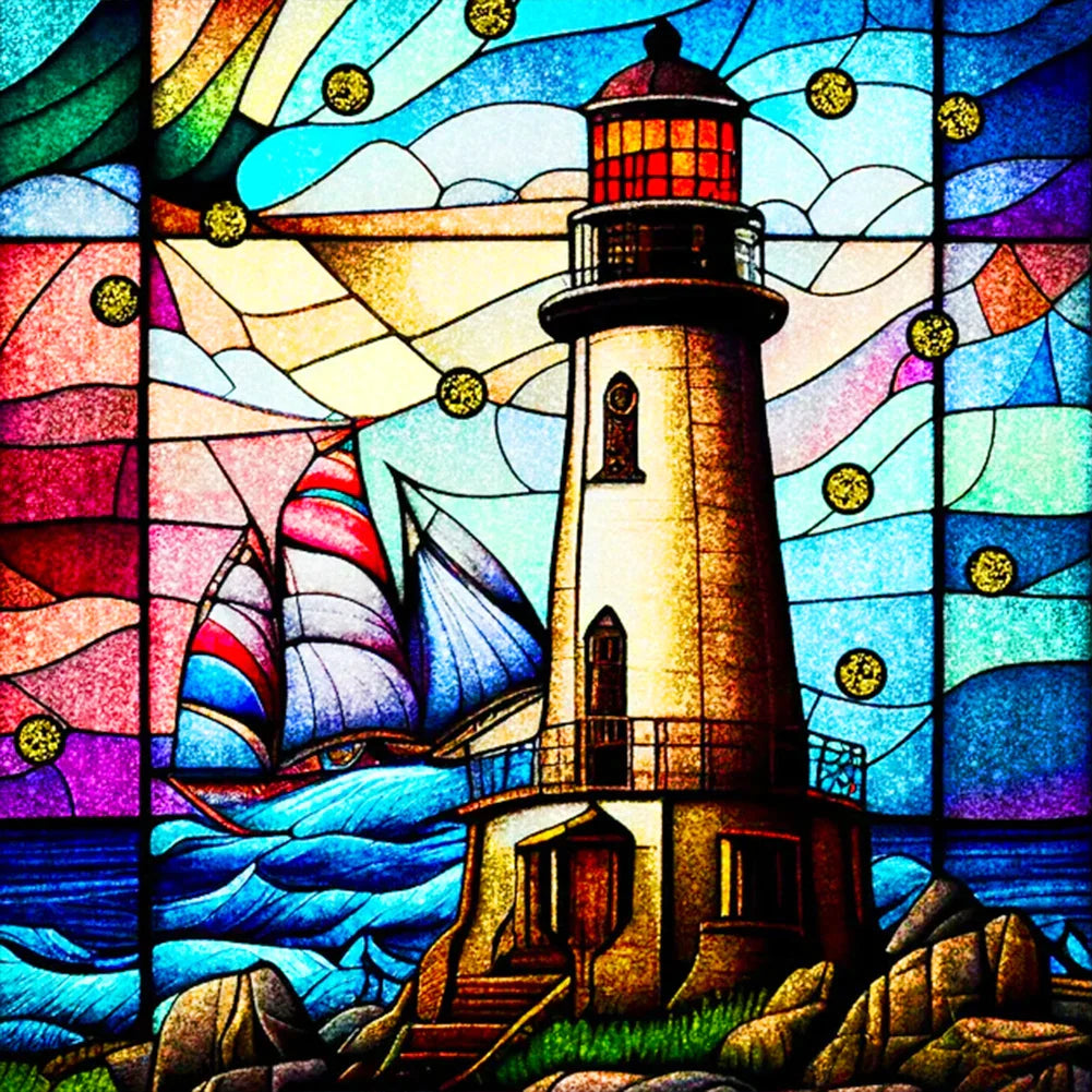 Lighthouse Sailboat Stained Glass Polychrome Diamond Painting - 30x30cm