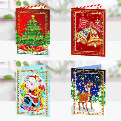 4-Pack Christmas Diamond Painting Greeting Cards – Santa, Tree, Bells & Reindeer DIY Holiday Kit with Resin Diamonds