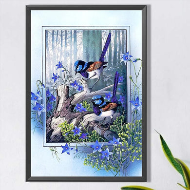 Blue Flowers - 40x60cm - Bird Diamond Painting