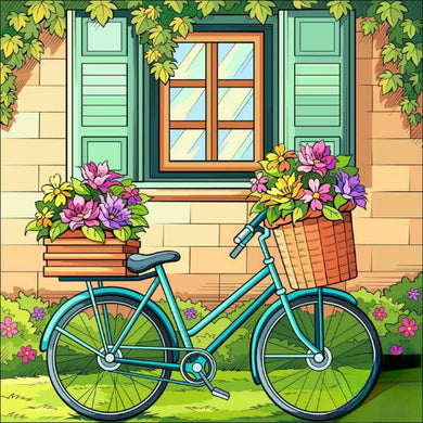 5D Diamond Painting Kit - Teal Bicycle with Flower Baskets in Front of Cottage House