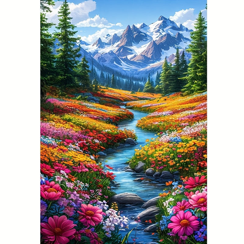 Nature diamond art featuring river, flowers, and snowy peaks