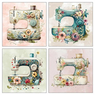 Four decorative sewing machine illustrations with floral designs on a white background.