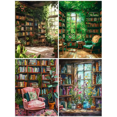 Collage of a cozy library with bookshelves, plants, and a pink armchair.