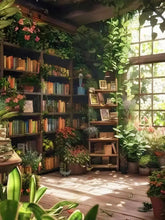Load image into Gallery viewer, Cozy room with bookshelves, plants, and a large window.
