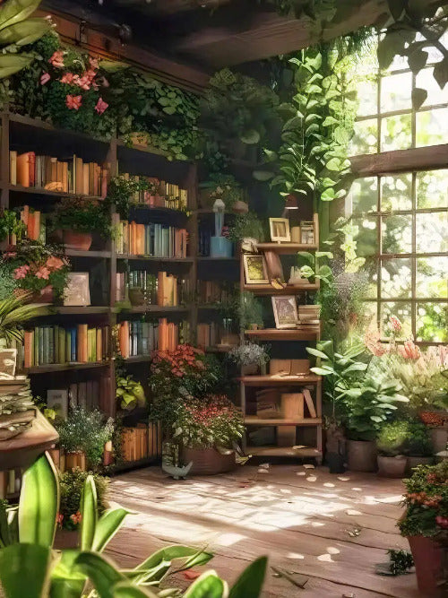 Cozy room with bookshelves, plants, and a large window.