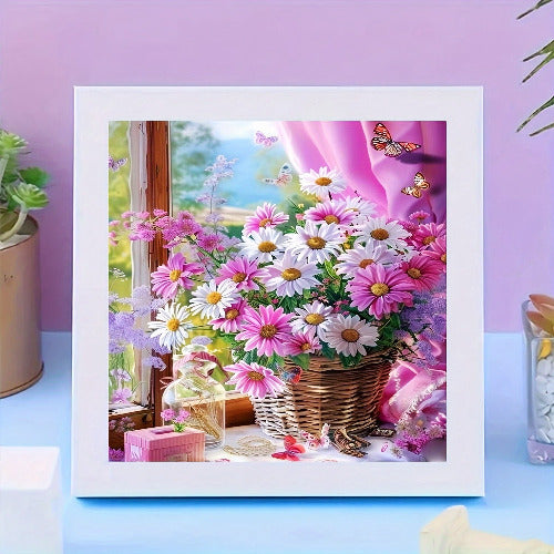 Framed artwork of a colorful flower arrangement with butterflies pink and white flowers