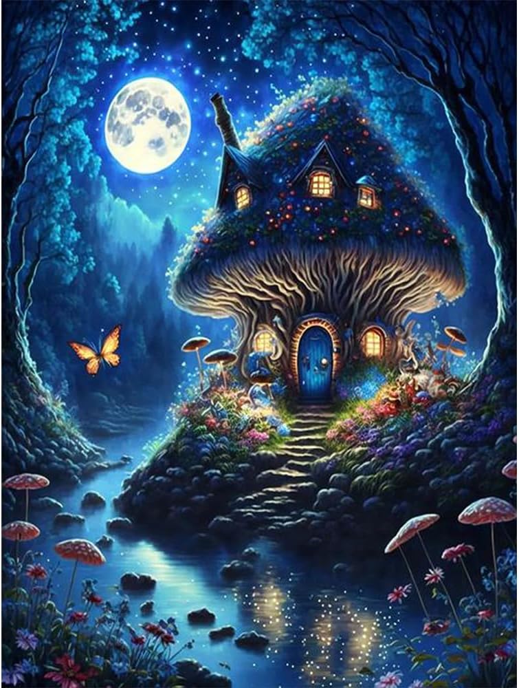 Mushroom House under Moonlight - Diamond Painting Kits