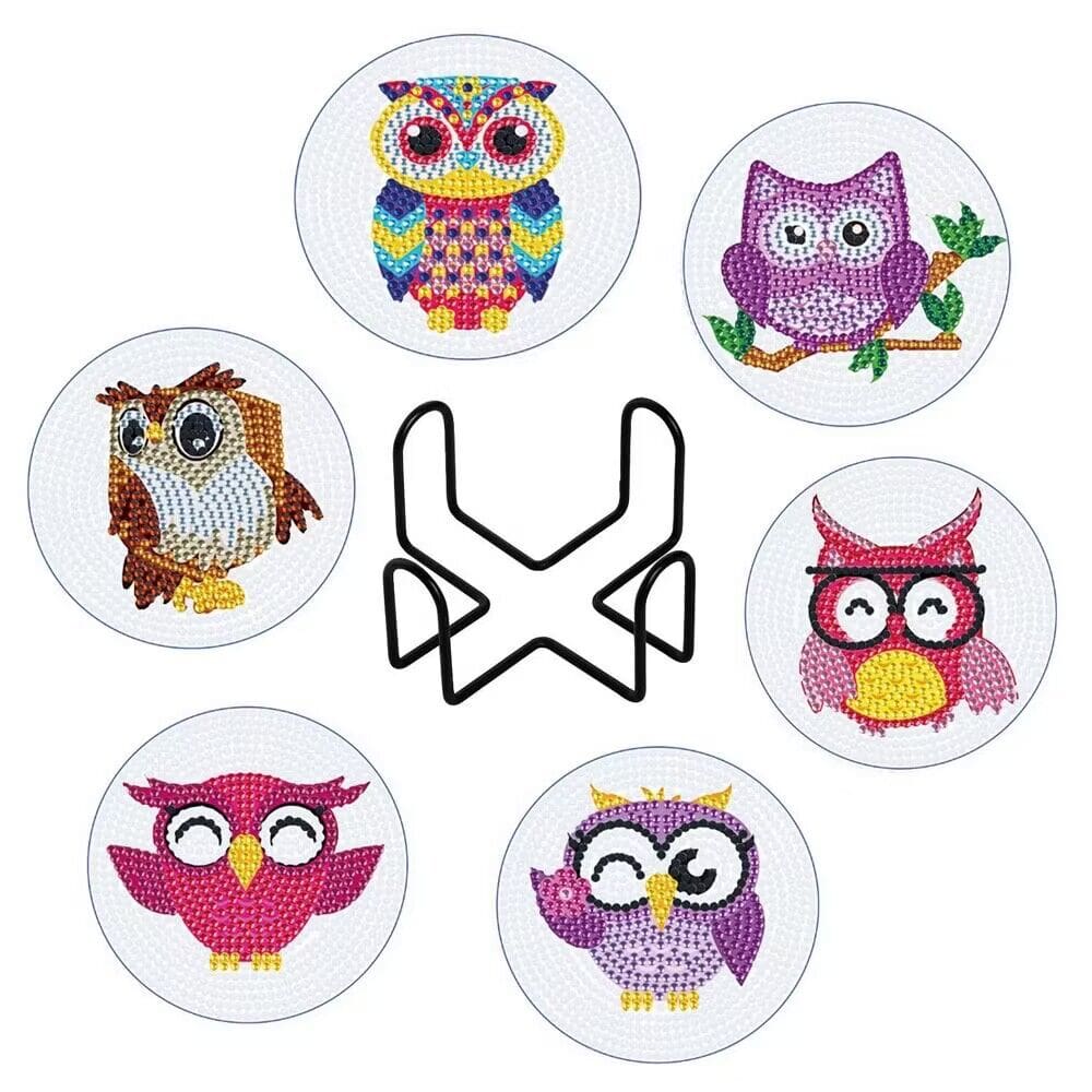 6 PCS Owls Birds Animals Diamond Painting Coasters with Holder