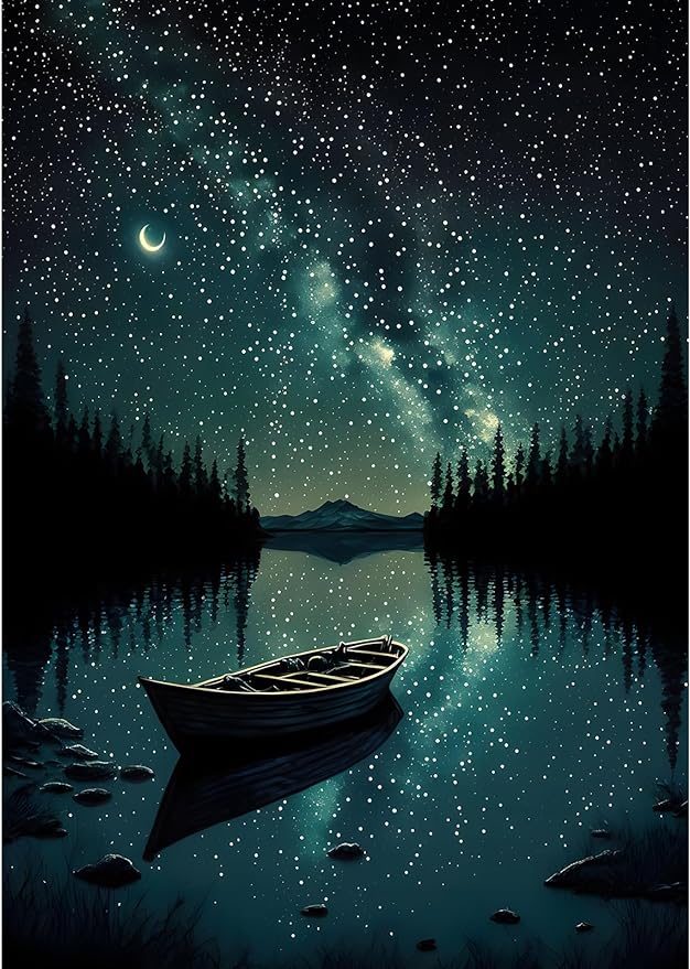 Starry Night Canoe Lake Moon - Diamond Art Kits