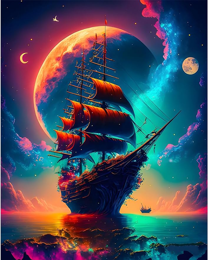 Colorful Ship Diamond Painting Kits Moon Lake - 12x16 Inch