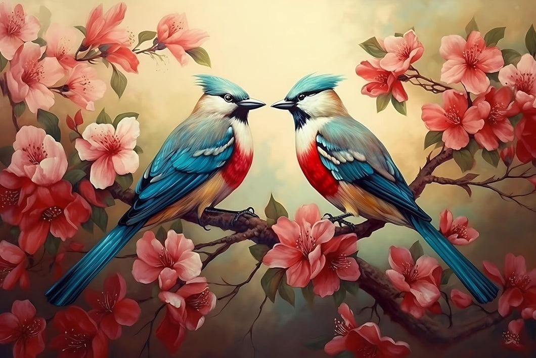 Parrots in Love in a Peach Tree - Bird Flower 5D DIY Crystal Full Diamond Art , Valentine's Day 12x16inch
