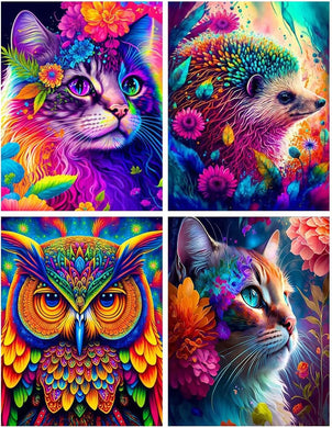 4 Pack Animal Paint with Diamonds Hedgehog Owl Pictures Arts 11.8''x15.8''