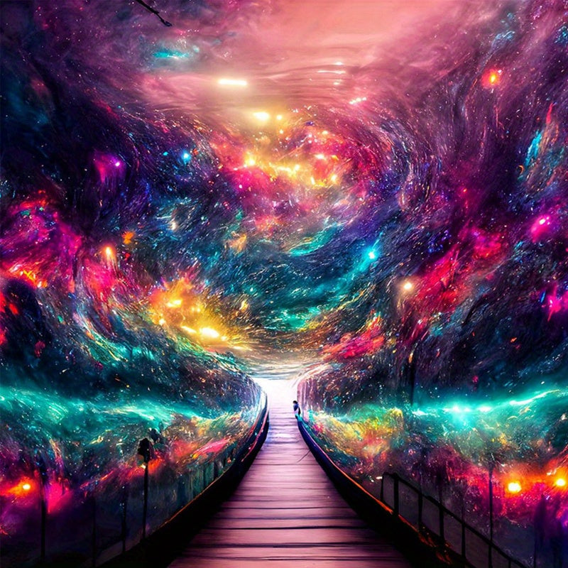 Fantasy Landscape Colorful Aurora Wooden Bridge