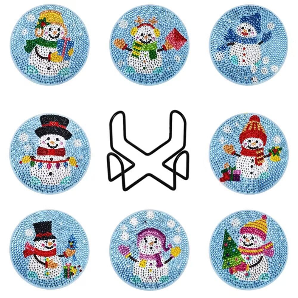 8 PCS Christmas Snowman Diamond Painting Coasters with Holder