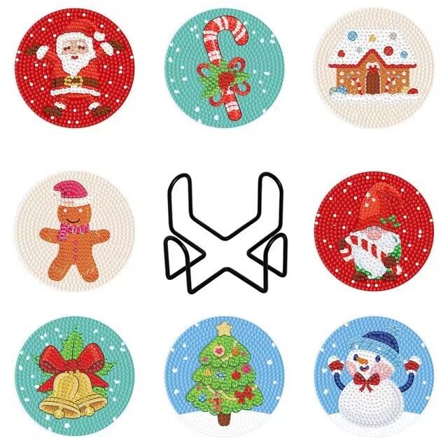 8 Pieces Christmas Design Diamond Painting Coaster with Holder