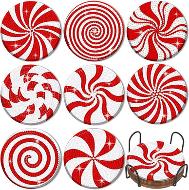 8 Pcs Christmas Lollipop Candy Diamond Painting Coasters with Holder