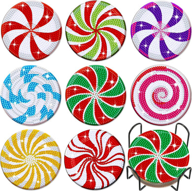 8 Pcs Christmas Lollipop Diamond Painting Coasters with Holder