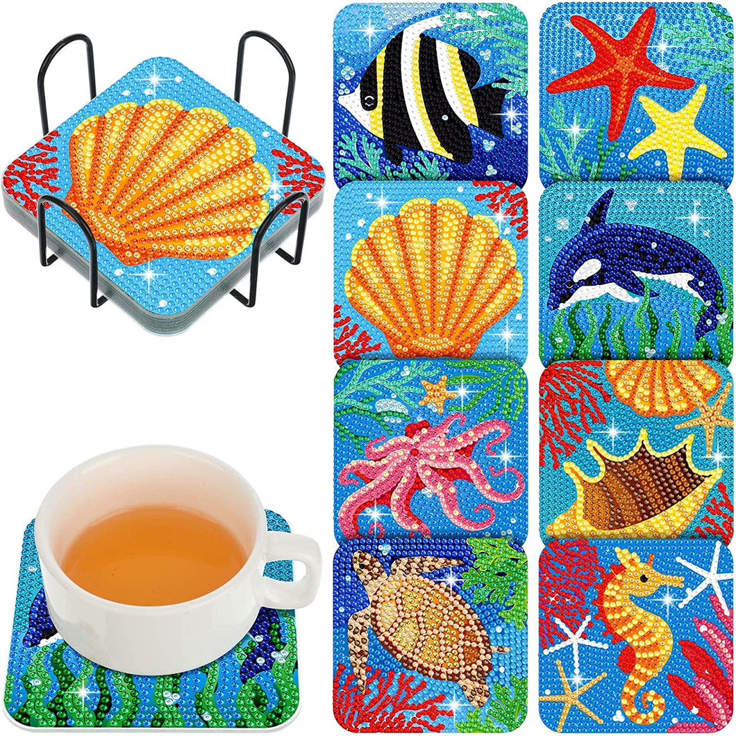 8 Pcs Diamond Art Coasters Diamond Painting Coasters with Holder Beginner Ocean Sea Animal Diamond Crafts for Gift