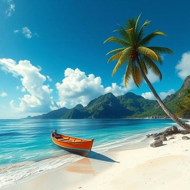 Beach scene diamond painting with boat, palm tree, and mountains under blue sky ¨C tropical seaside wall art design