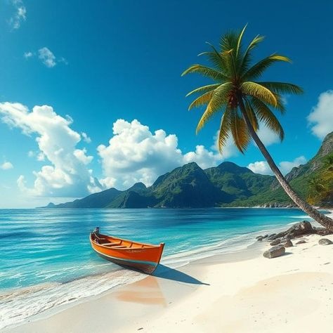Beach scene diamond painting with boat, palm tree, and mountains under blue sky ¨C tropical seaside wall art design