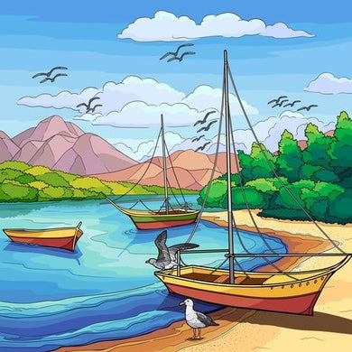 Cartoon beach diamond painting with boats, mountains, and trees ¨C colorful seaside DIY wall art design