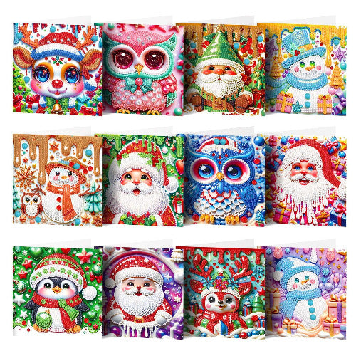Cartoon Pink Owl Diamond Painting Christmas Card Kit – Cute DIY Sparkling Holiday Greeting