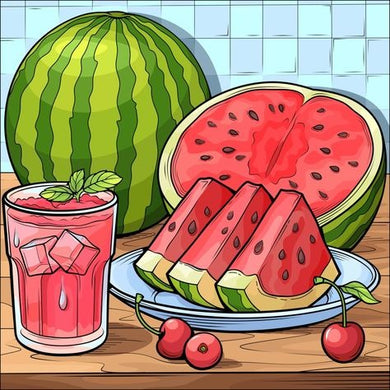 Cartoon watermelon slices with juice and cherries diamond painting ¨C summer fruit DIY wall art