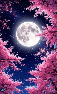 Crystal Diamond Painting Kit of Full Moon with Pink Cherry Blossoms, romantic night wall art for bedrooms or living rooms