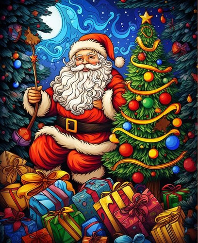 5D Diamond Painting Kit of Santa Claus with Christmas Tree and gifts, sparkling holiday wall d¨¦cor for festive home decoration