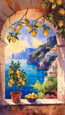 Rhinestone Diamond Painting Kit of Coastal Scene with Lemons and Archway, Mediterranean-inspired wall art d¨¦cor
