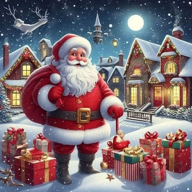 Full drill diamond embroidery kit of Santa Claus in snowy village with gifts, cozy Christmas night scene for living rooms